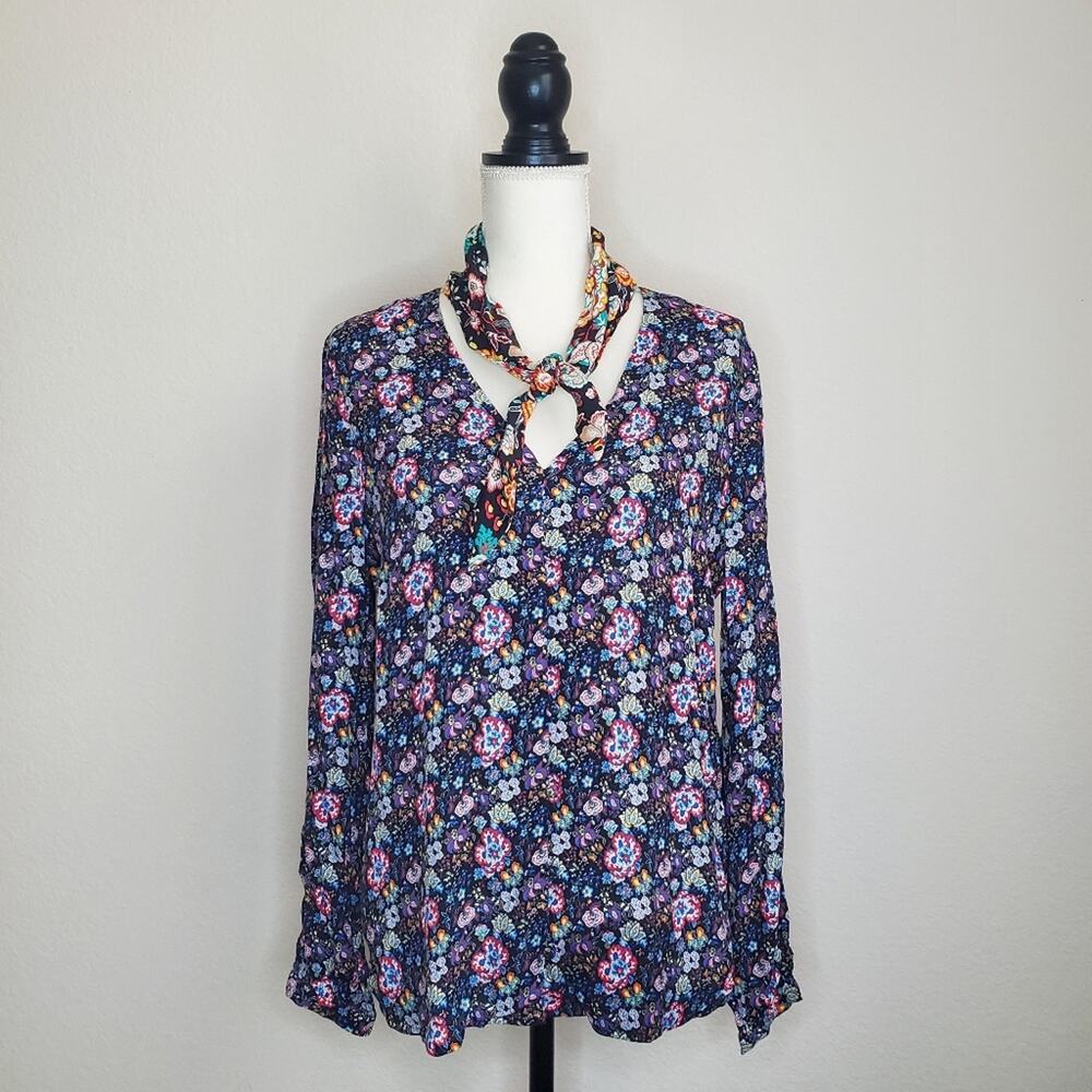 FRAME Button Down Tie Neck Blouse Multi Color Medium